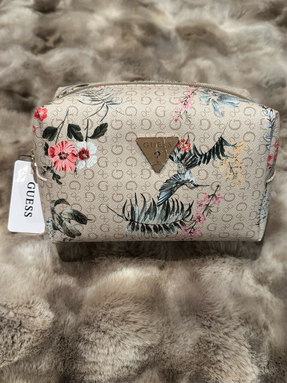 GUESS Beige Floral Logo Cosmetic Pouch